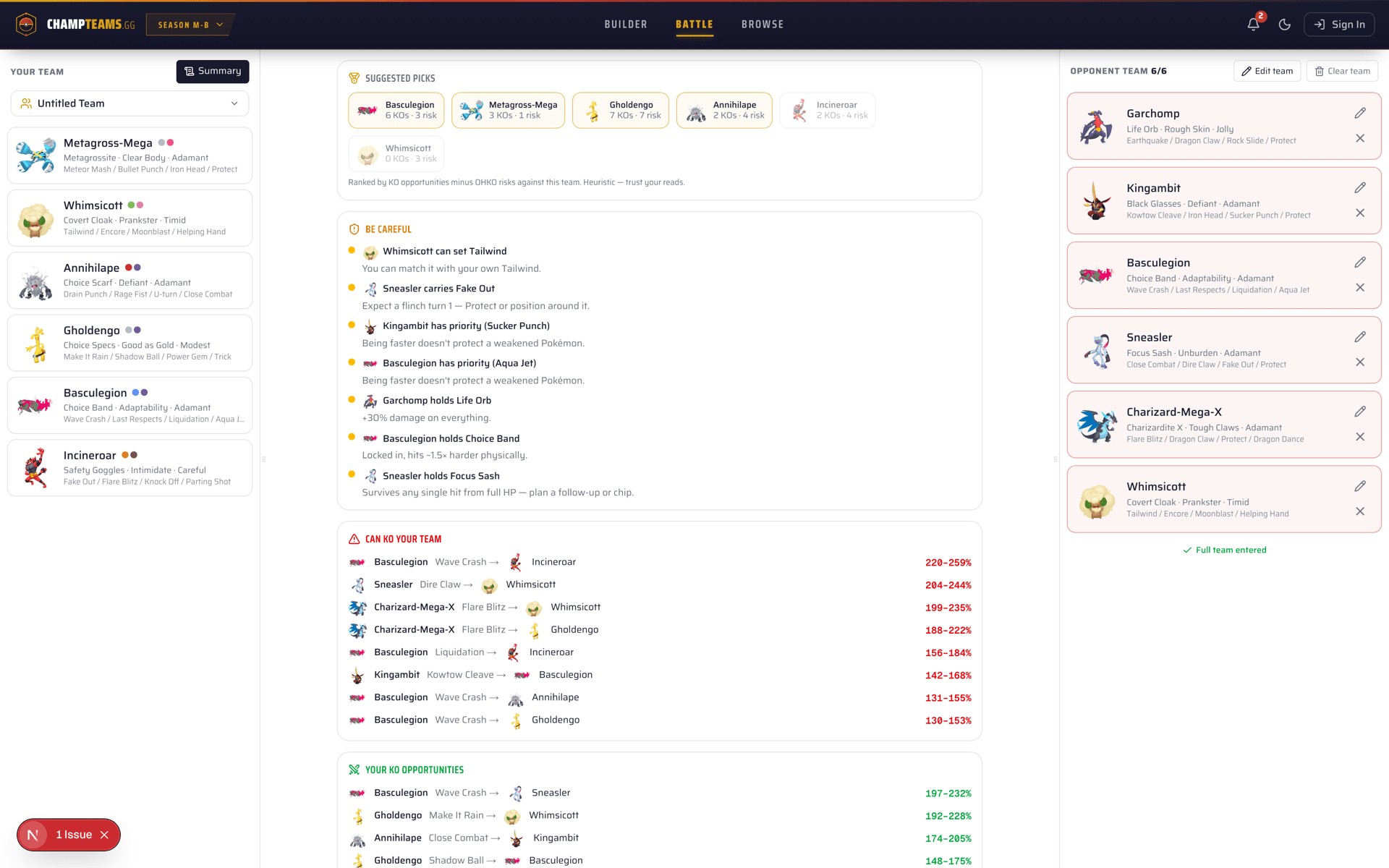 Battle Mode team preview showing suggested picks at the top, careful-of callouts for priority and immunities, and the full KO matrix vs the opponent