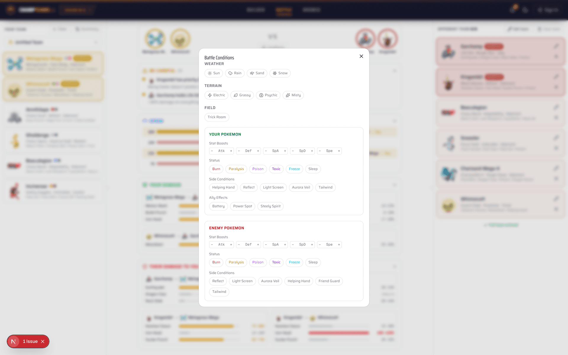 Battle Conditions panel with weather, terrain, Trick Room, stat boosts, statuses, and side conditions toggles