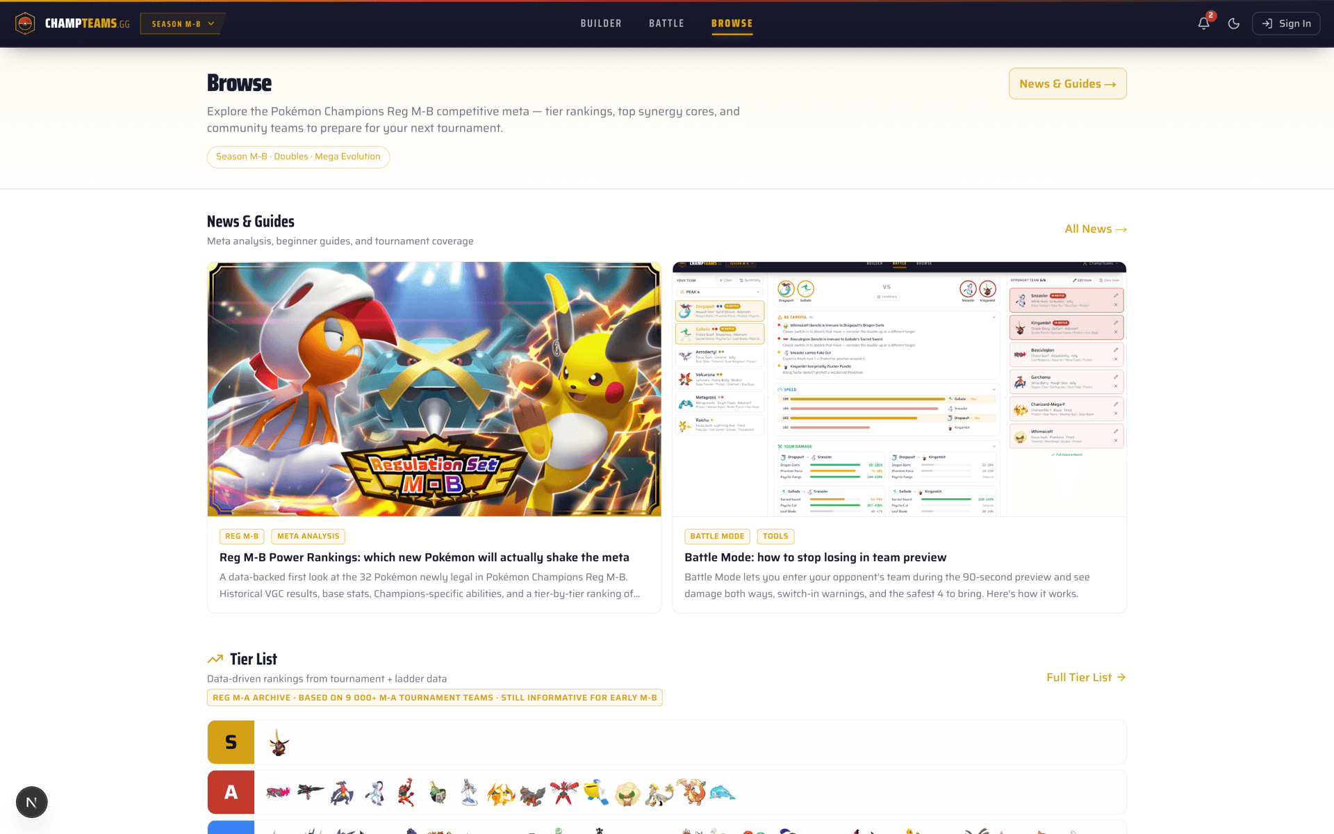 Browse hub for Reg M-B showing News and Guides, a Battle Mode walkthrough, and the data-driven tier list section pulled from tournament results