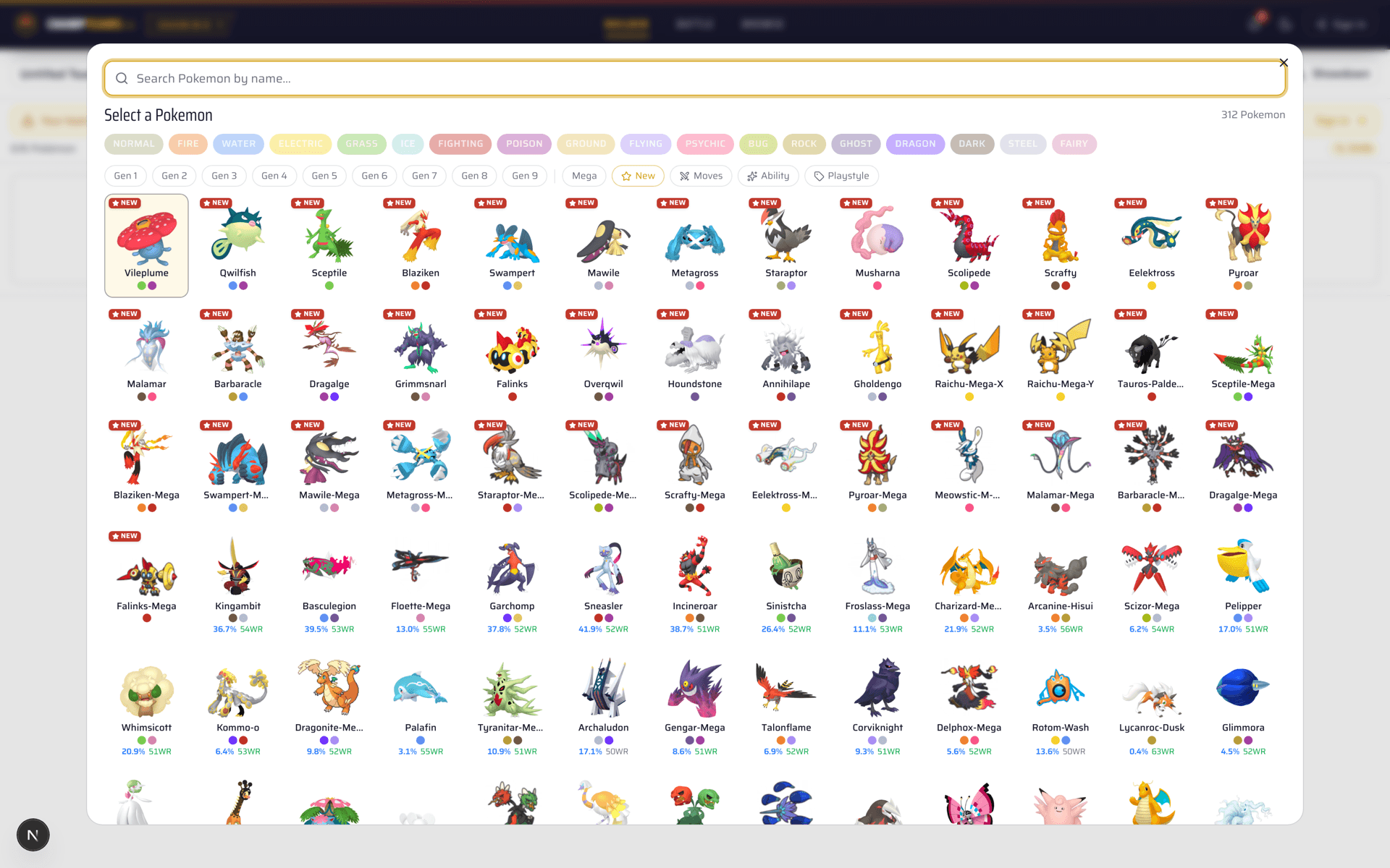 Pokemon picker dialog showing the Reg M-B roster with tournament usage percentage under every Pokemon