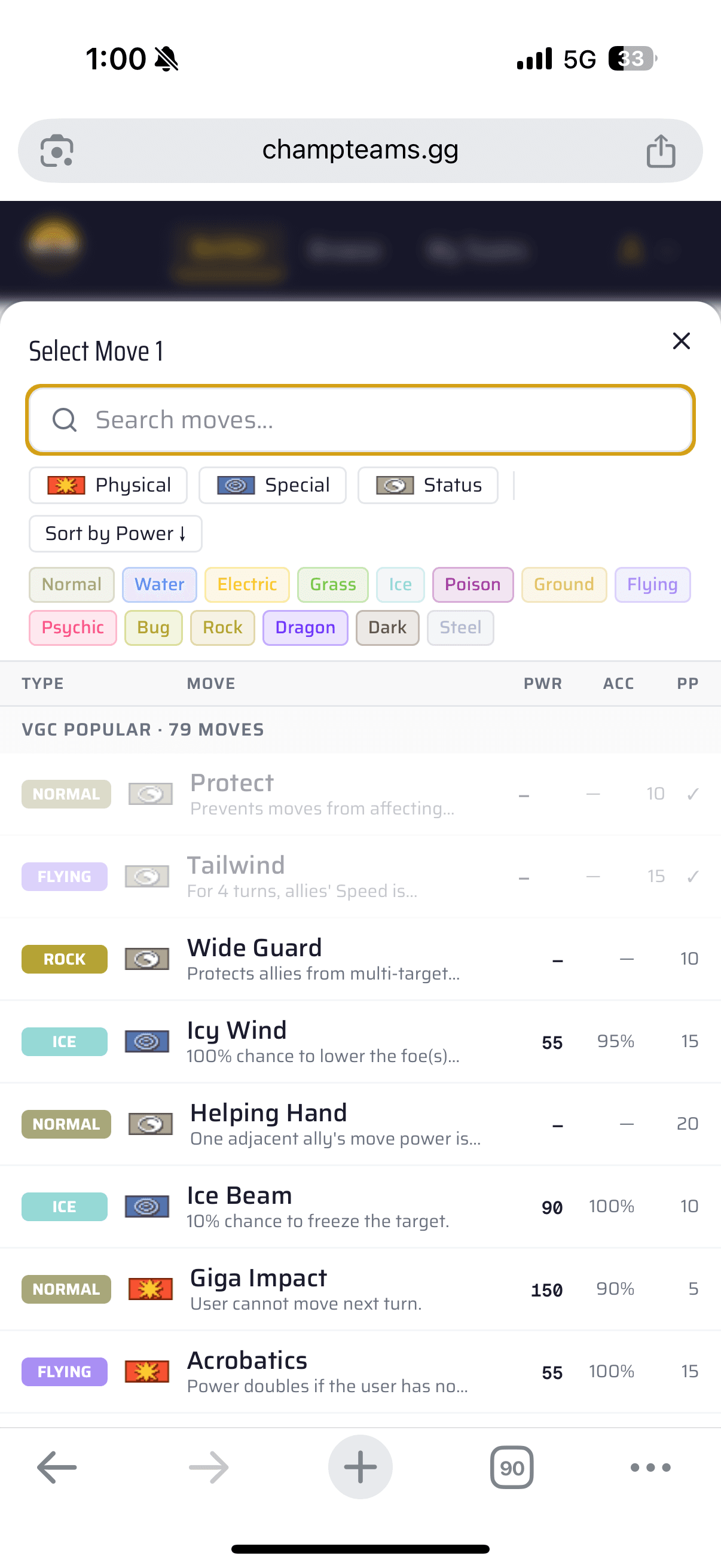 Mobile move selector with Physical, Special, Status filters and type-based filtering