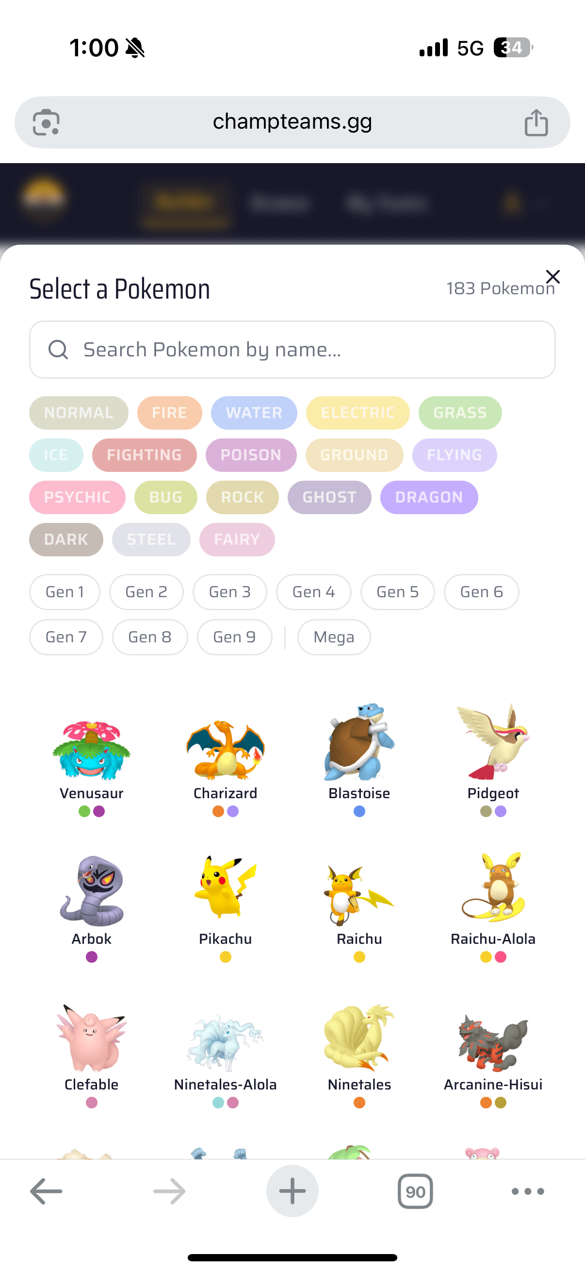 Mobile Pokemon selector with type and generation filters, showing the full Champions roster