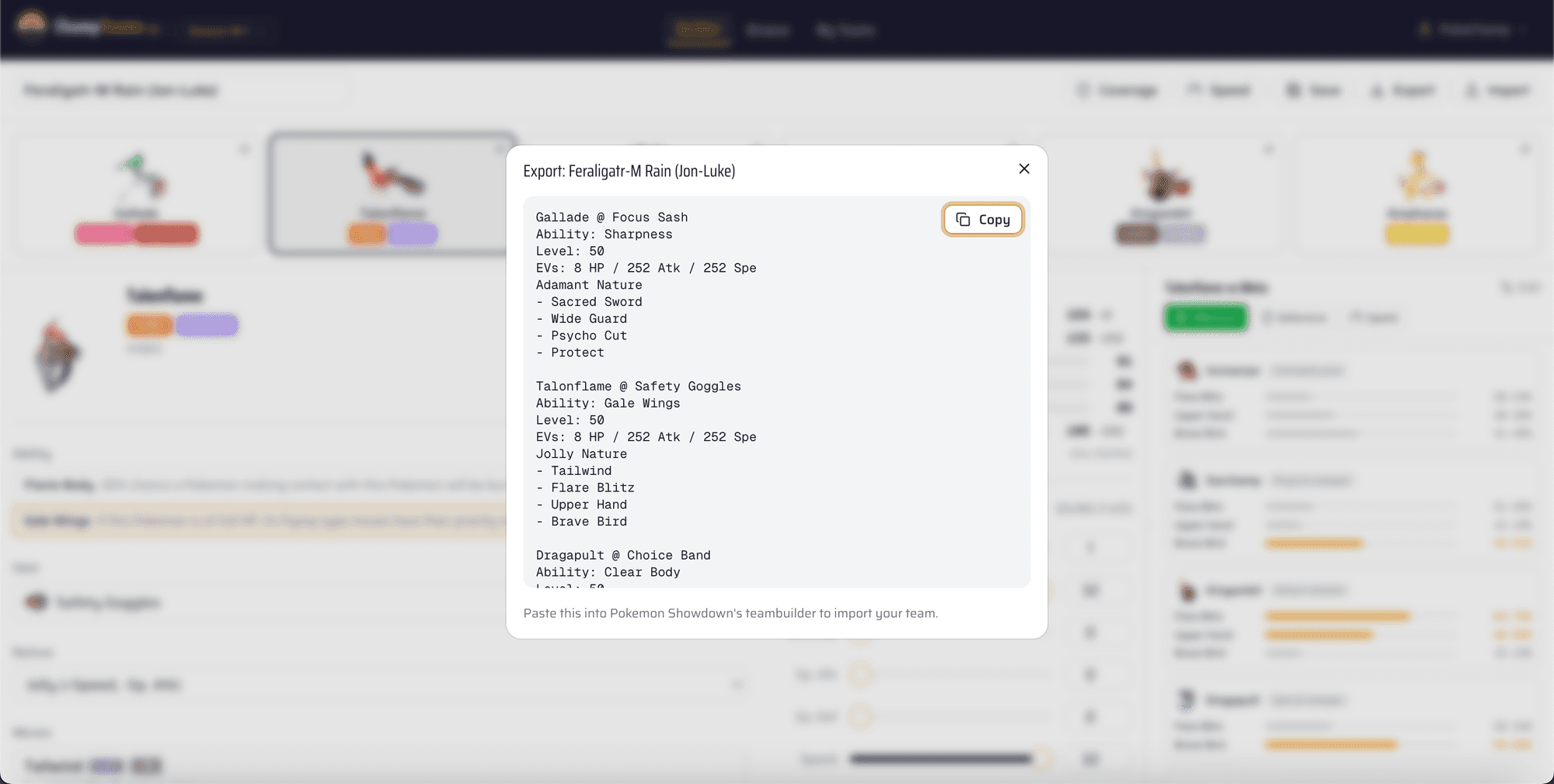 Export dialog showing a team in Showdown format with a copy button