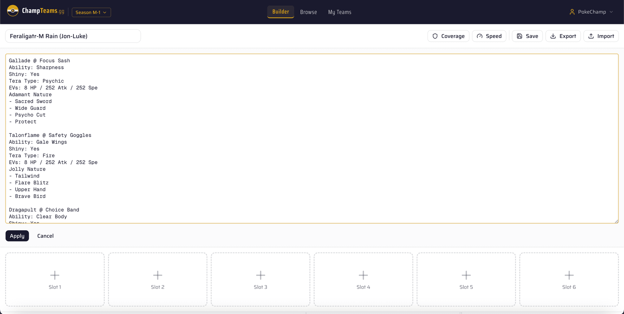 Showdown import dialog with a pasted team in standard Showdown format