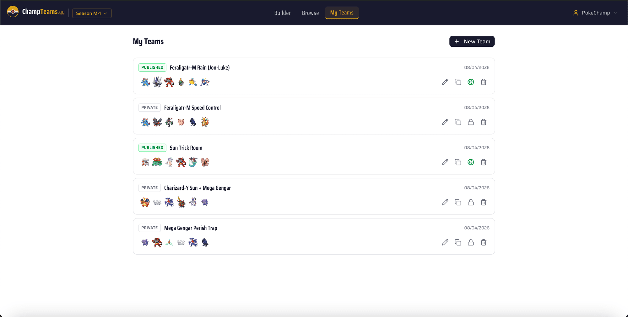 My Teams page showing saved teams with Published and Private badges, sprite previews, and action buttons