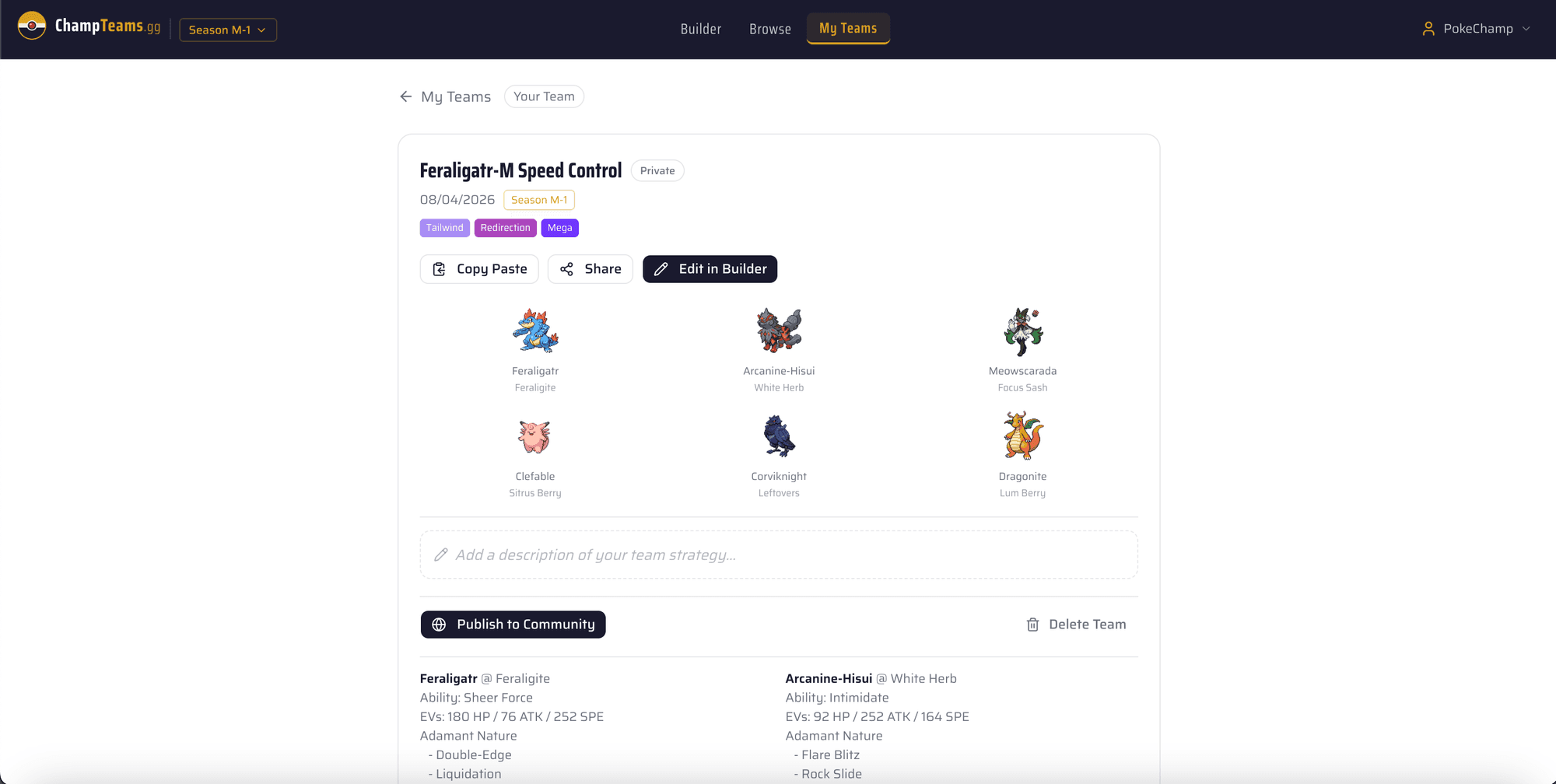 Team detail page with Copy Paste, Share, and Edit in Builder buttons, showing Pokemon sprites and Showdown paste