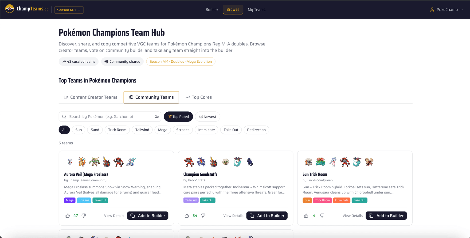 Community teams tab showing user-submitted teams with archetype filters