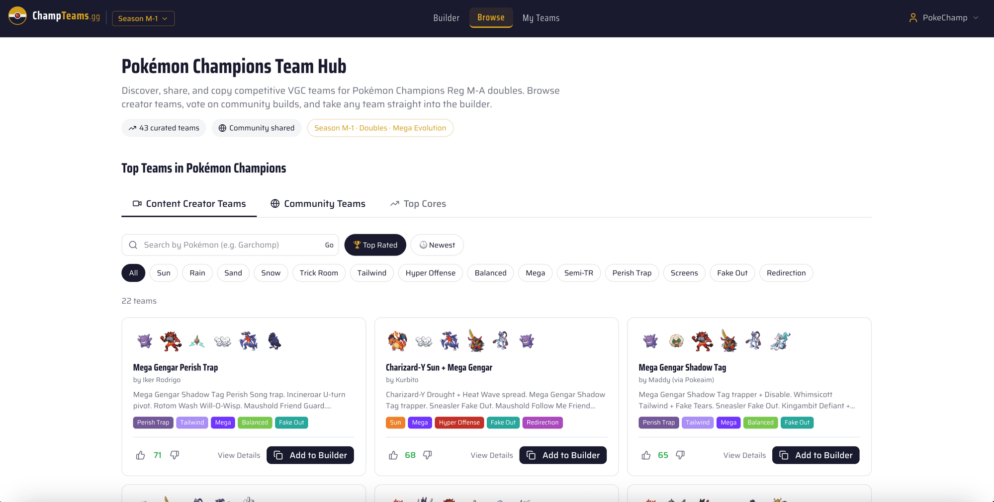 Browse page showing content creator teams with archetype tags, vote counts, and Add to Builder button