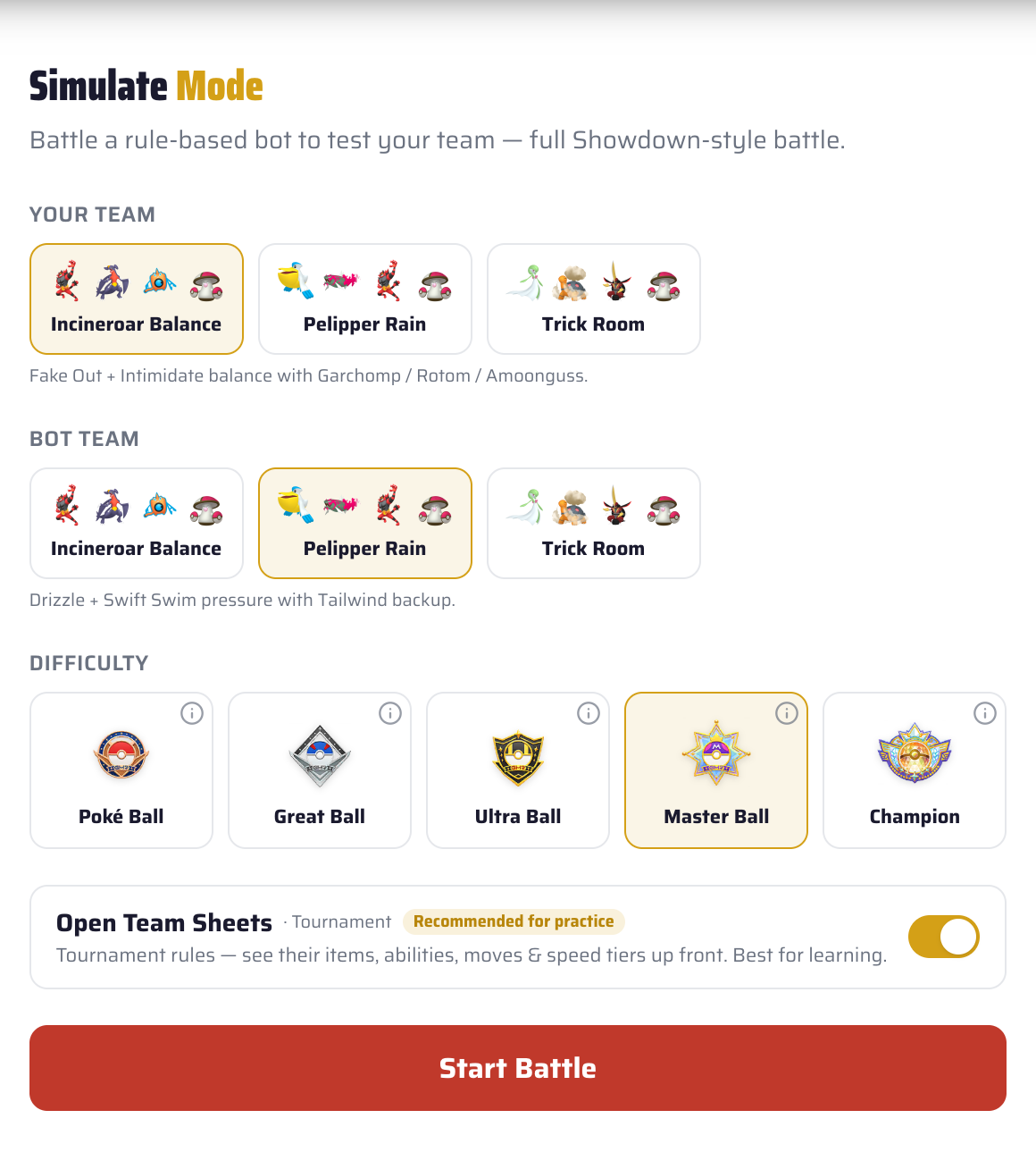 ChampTeams Simulate Mode setup screen: pick your team and the bot’s team, choose a difficulty from Poké Ball to Champion, and toggle Open Team Sheets before starting a Pokémon Champions doubles battle