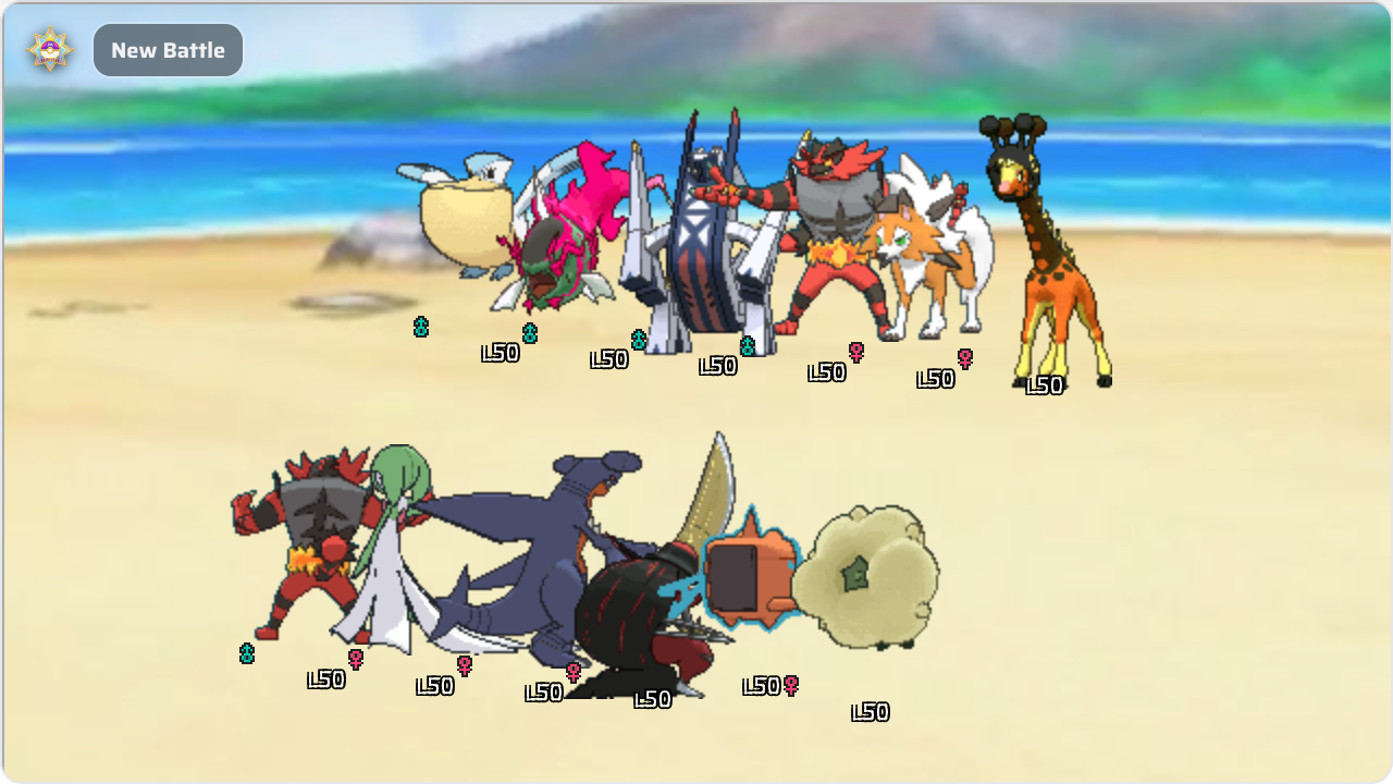 A ChampTeams Simulate Mode doubles battle in progress: a full animated Pokémon Champions field with two Pokémon per side and live HP bars