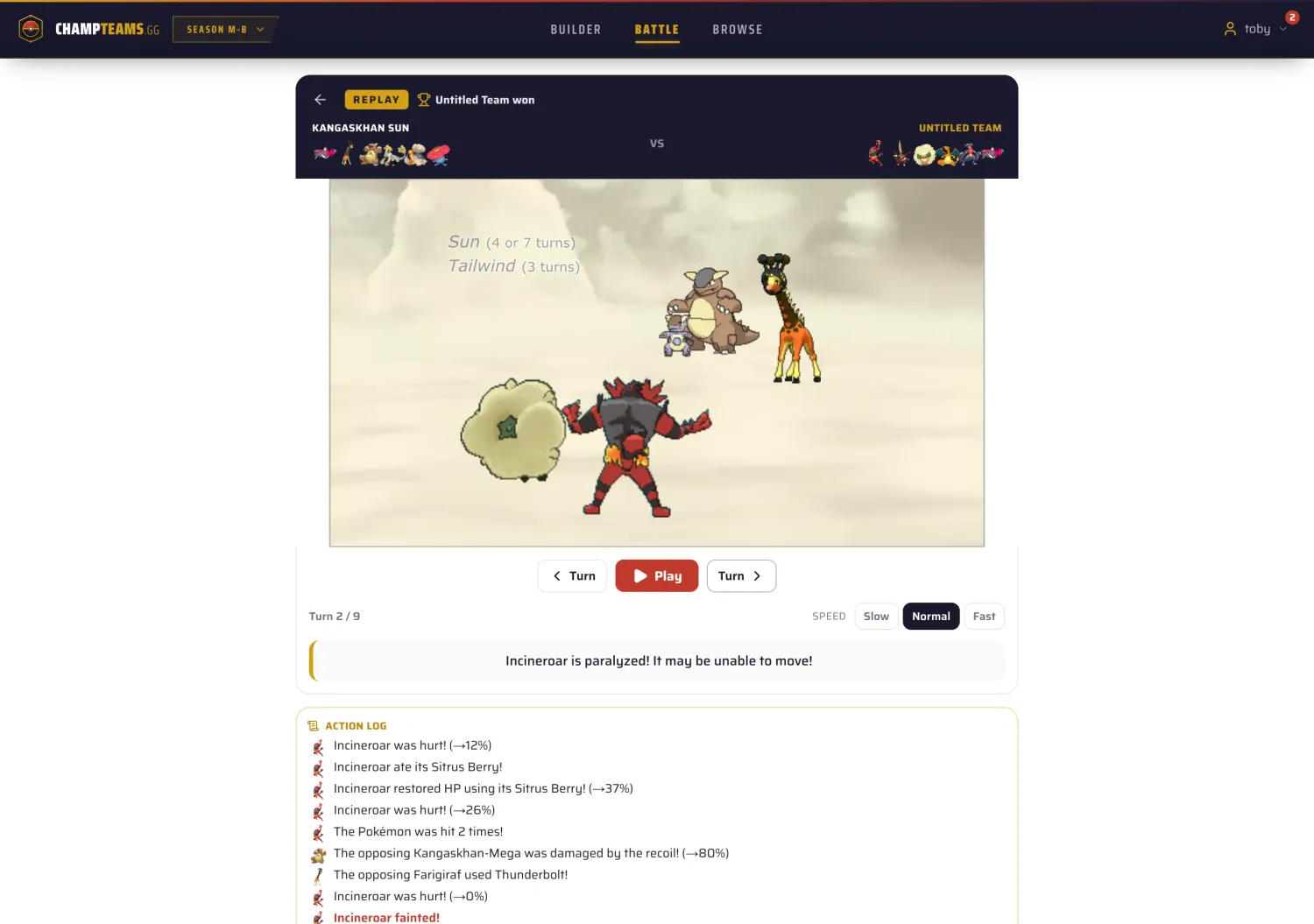 The animated replay player showing a game between the sample team and Kangaskhan Sun, with the battle scene, playback controls, and action log