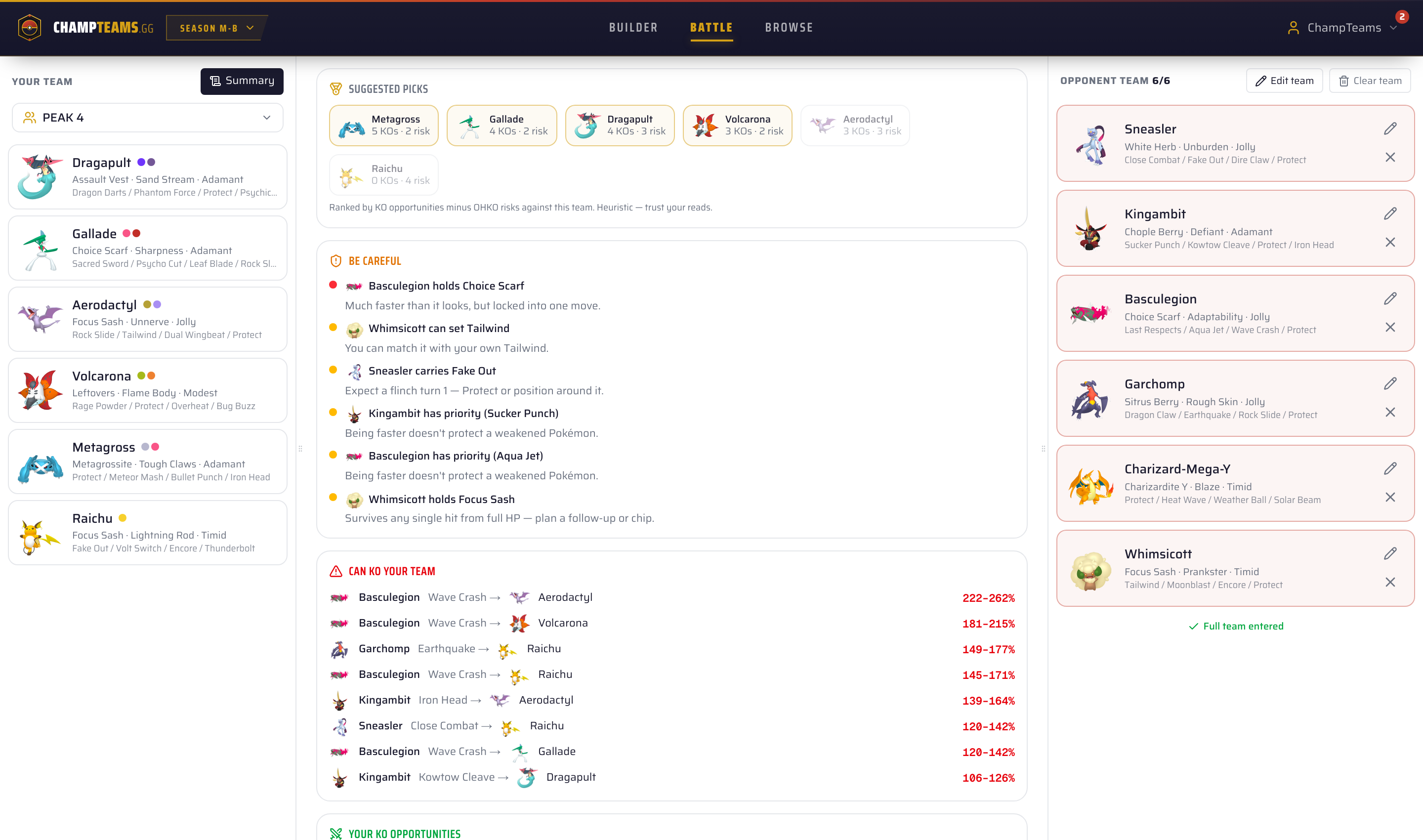 Battle Mode summary view: Suggested Picks panel + Be Careful warnings + Can KO Your Team list